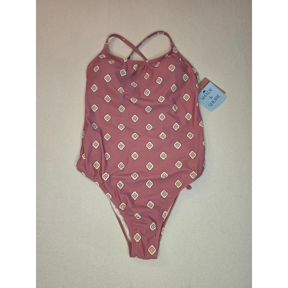 Shade & Shore Geo Print Scoop Neck One Piece Swimsuit Pink Small NWT